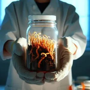 Cordyceps Mushrooms growing in a jar