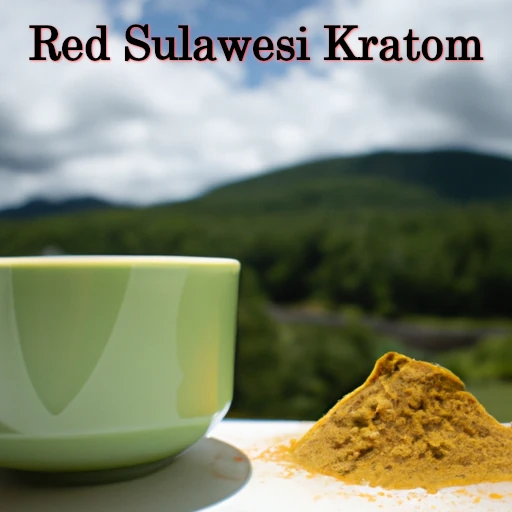 A tea cup with Red Sulawesi Kratom powder next to it
